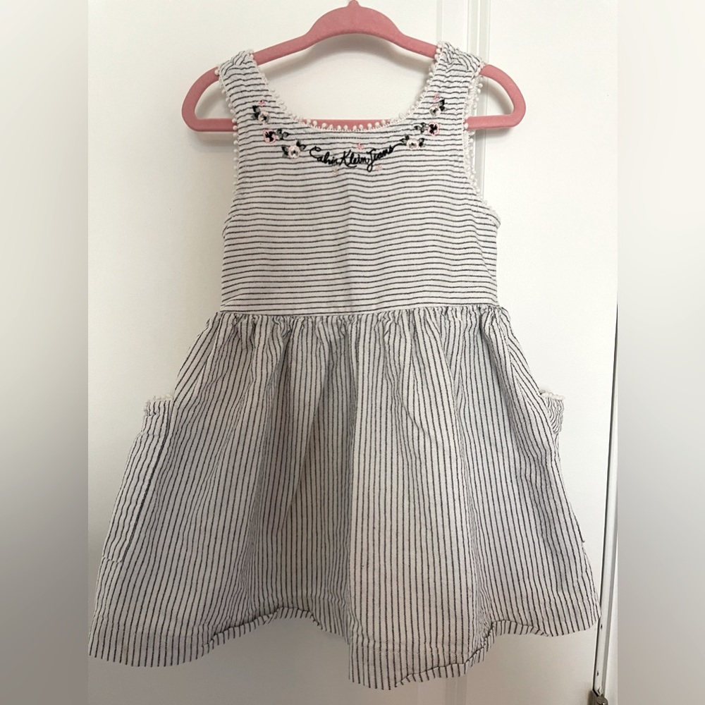 Calvin Klein Cross-Back White Striped Dress with Embroidered Pink Flower…